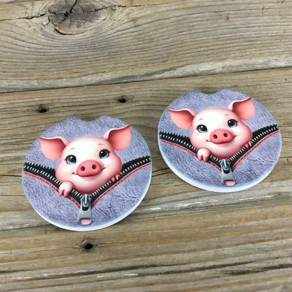 Pig Peek-a-Boo Zipper Car Coasters Set of 2 - Picture 3 of 6